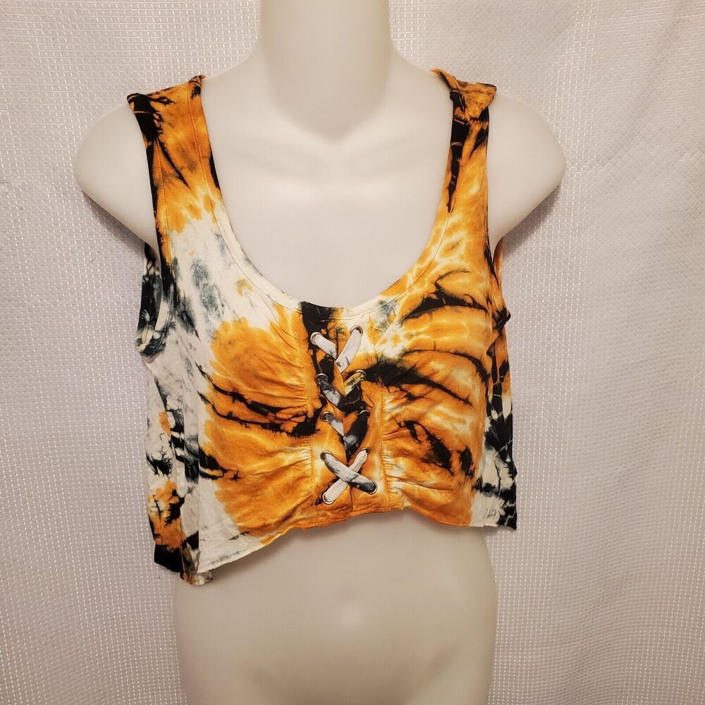 Kathmandu Imports Tie Dye Orange Black Crop Hemline Tank Top Fall Halloween